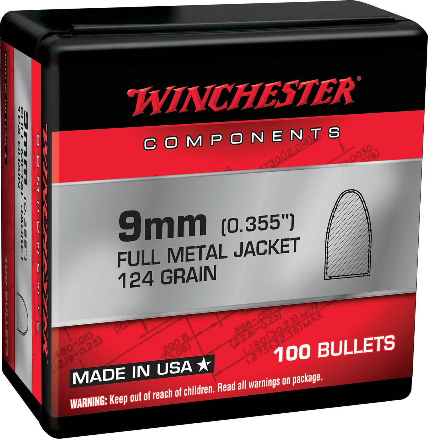 Winchester Centerfire Handgun Reloading 9mm 124 Gr. FMJ 100/Box