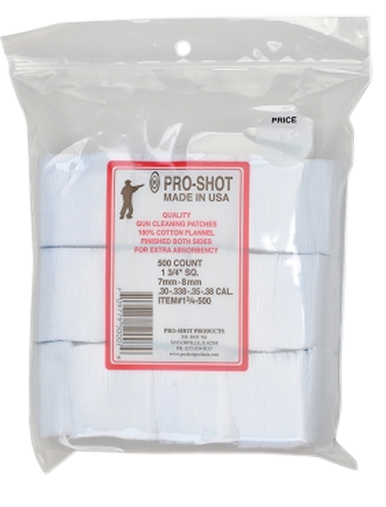 Pro-Shot 100% American Cotton Flannel 500cnt 1.75" Square Patches 7mm-.38 Caliber