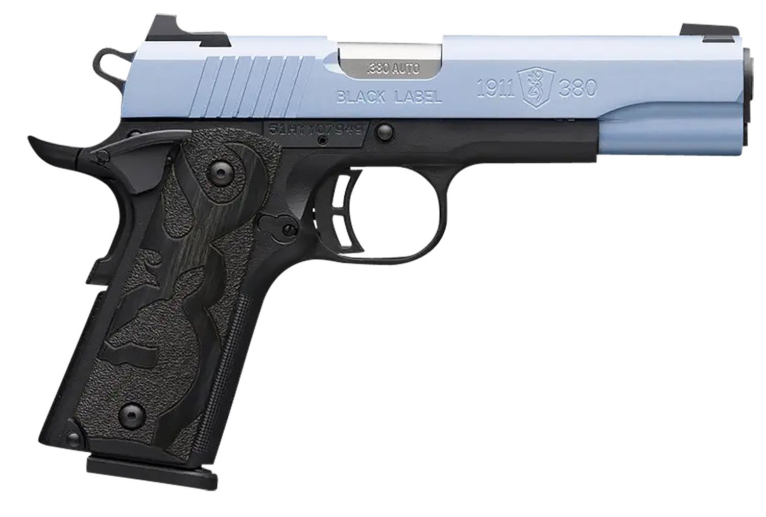 Browning 1911 Black Label Full Size 380 ACP 10+1 3.63" Matte Stainless Barrel, Polar Blue Cerakote Serrated Slide