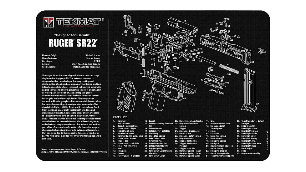 BECK TEK, LLC (TEKMAT) TEKR17RUGERSR22 Ruger SR22 Handgun Cleaning Mat 11"x17"x