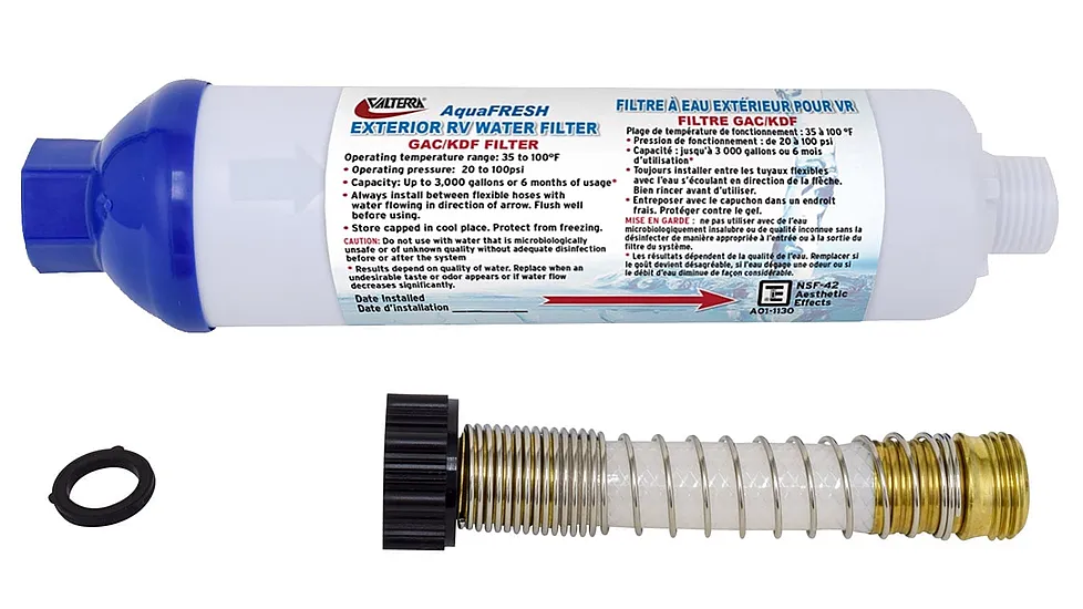 Valterra Aquafresh Exterior RV Water Filter Kit With Hose Connections And Hose Saver