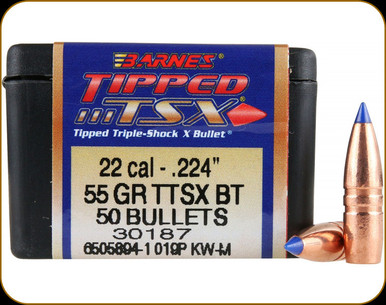 Barnes Bullets Tipped Triple-Shock X (TTSX) .22 Cal 55 gr Polymer Tip Boat-Tail Bullets -100cnt